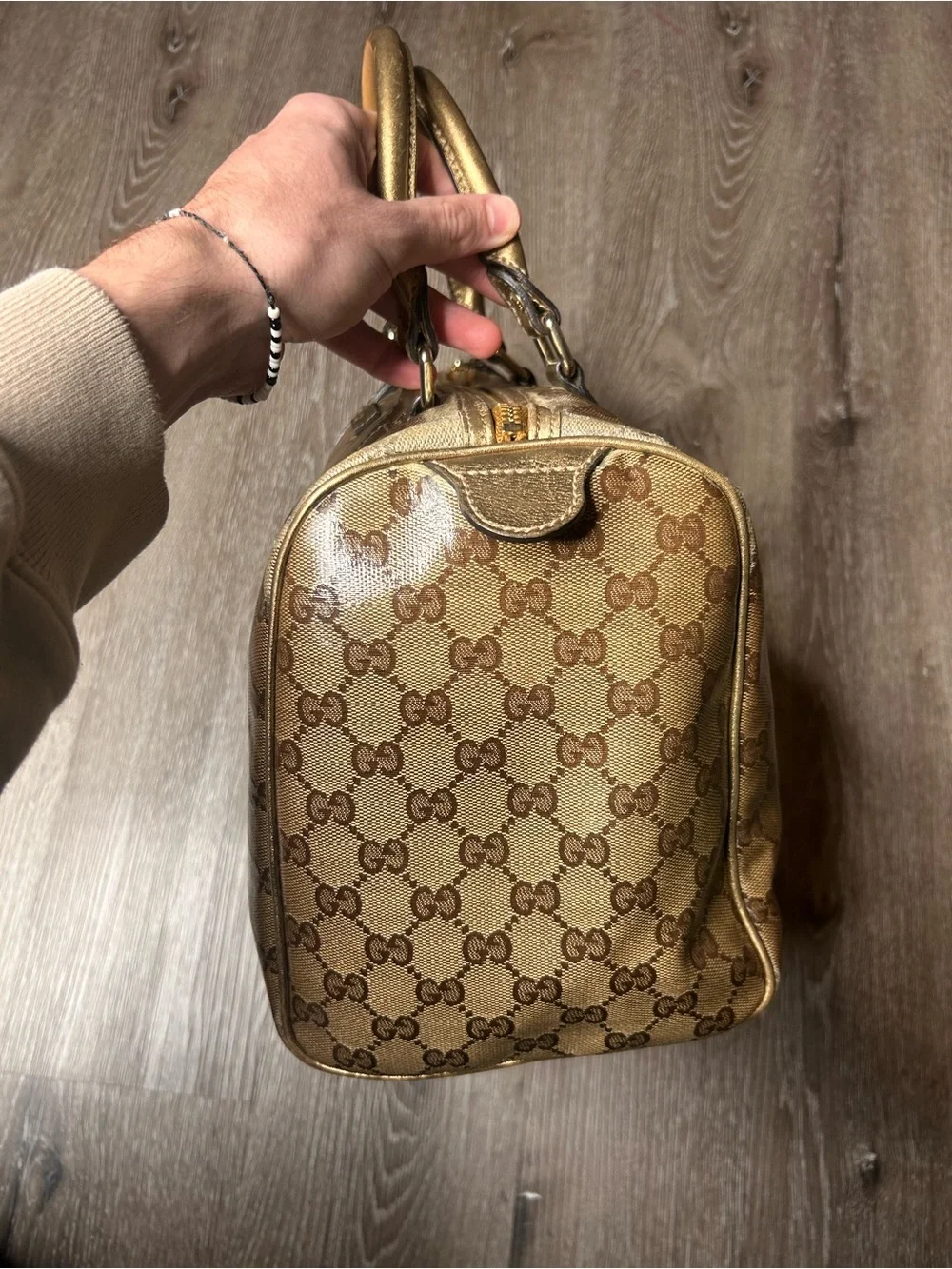 Gucci Crystal Top Handle Brown Beige GG Monogram Satchel with Gold Trim